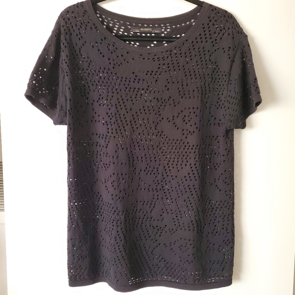 All Saints Black Floral Perforated Design Short Sleeve Knit Blouse